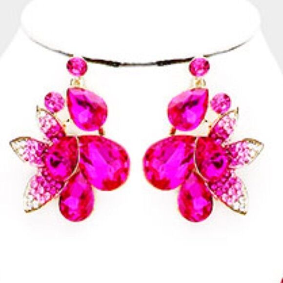Pink Crystal Teardrop Leaf Cluster Collar Necklace Set NWT - Picture 3 of 6